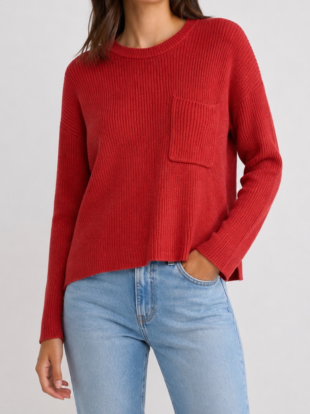 Madewell Cotton Ribbed Knit Sweater Oversized Front Pocket Coral Red XS